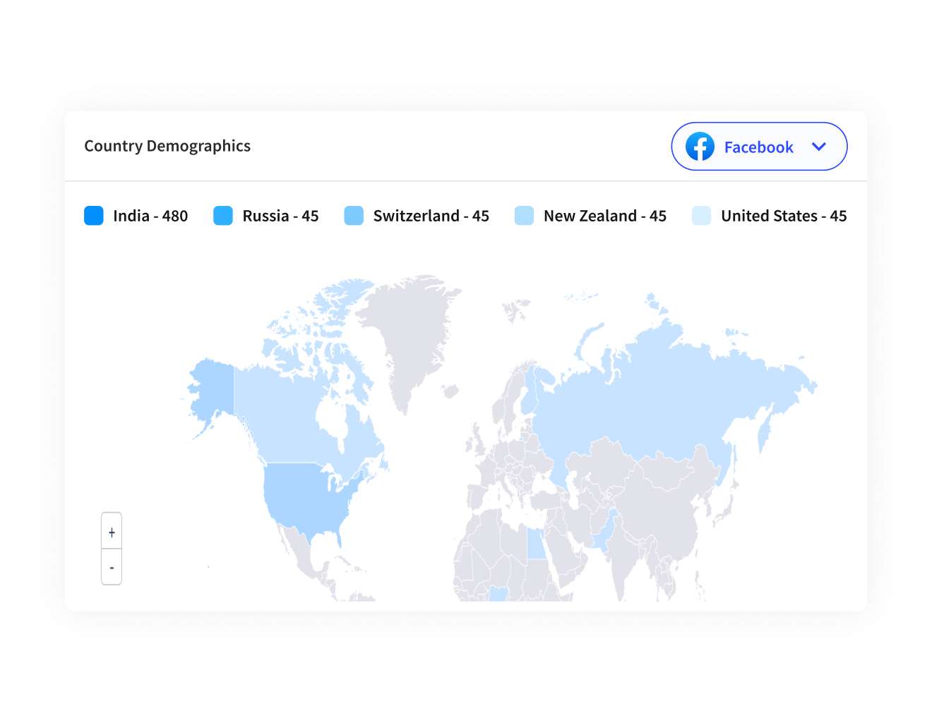 World map visualization of country demographics with data points for India, Russia, Switzerland, New Zealand, and the United States from a Facebook analytics report.
