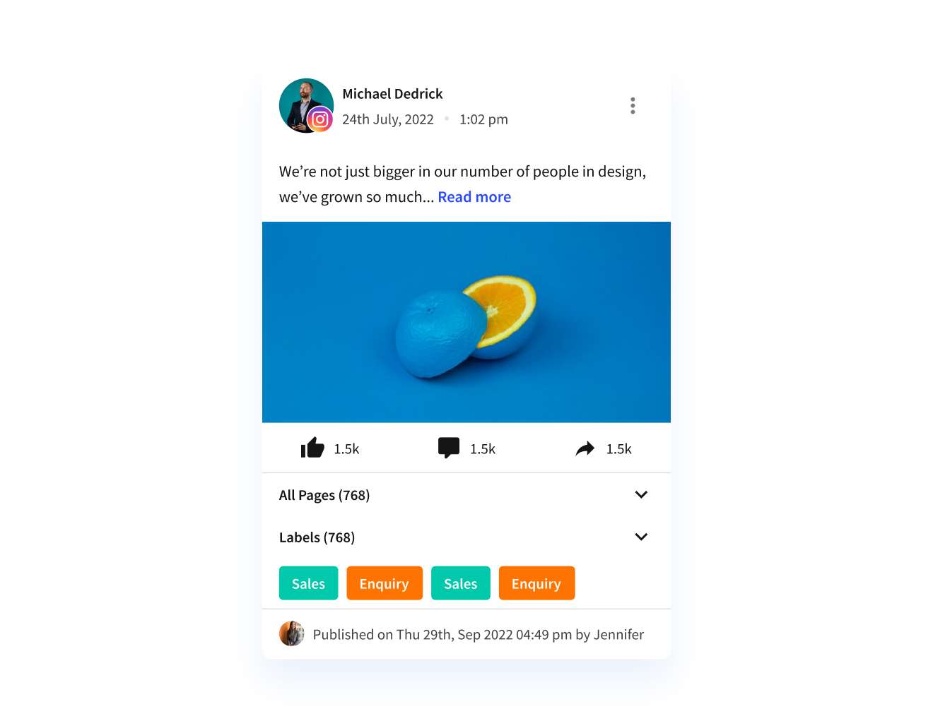 Social media post by Michael Dedrick featuring a lemon image, with engagement statistics and content labels for organizational tracking.