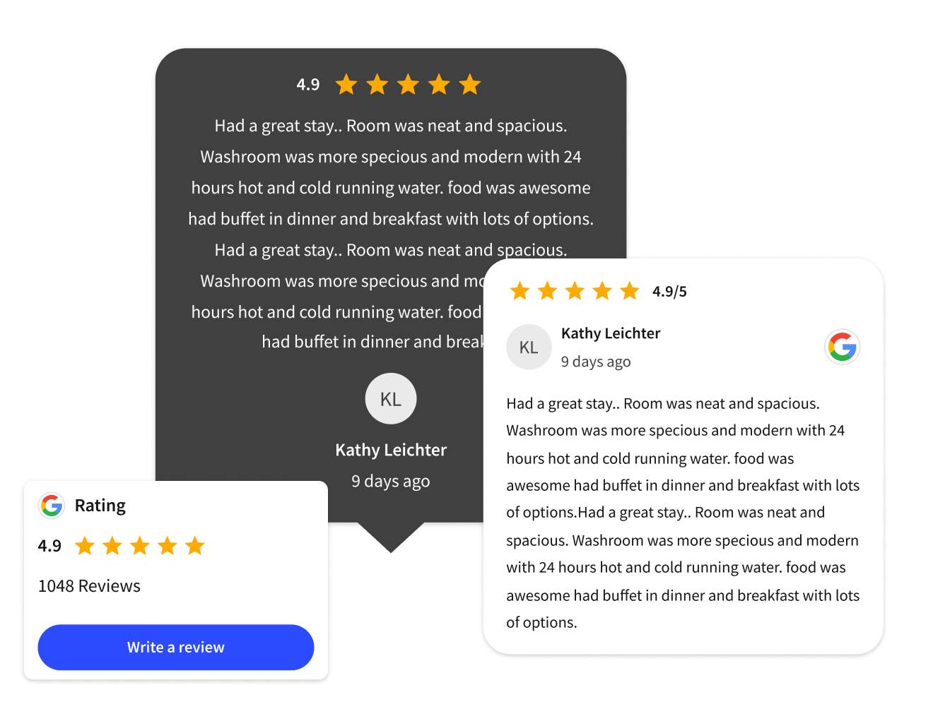 Online review card displaying a high rating of 4.9 stars from a customer named Kathy Leichter, praising the neat and spacious room, modern washroom, and excellent food options at a hotel.