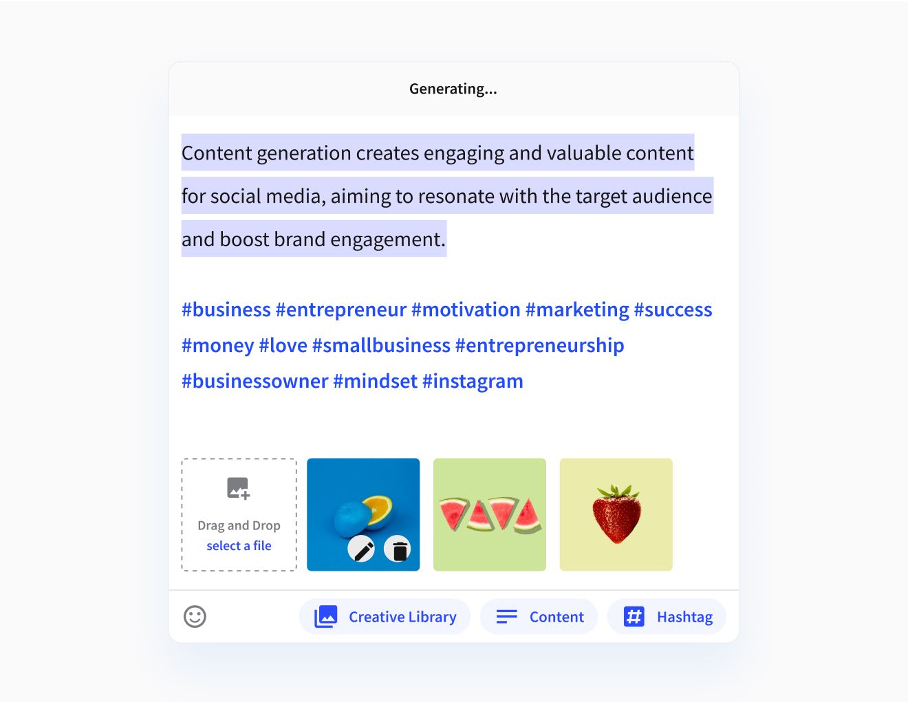 Social media content generator interface featuring text input for posts with trending hashtags and a visual creative library for media selection.