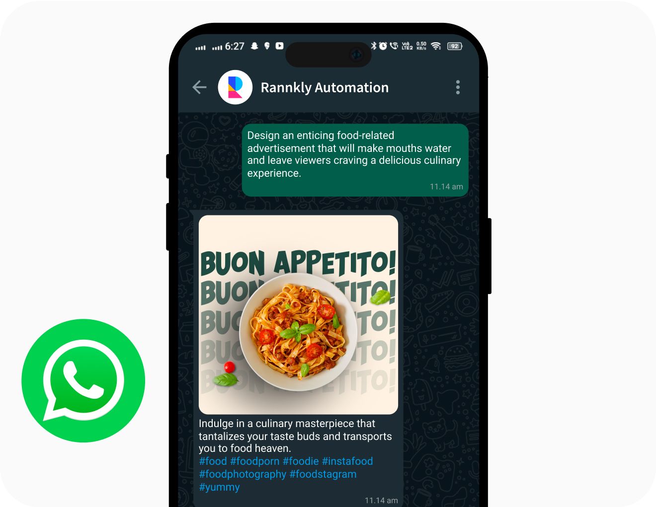 Smartphone displaying a WhatsApp message from Rannkly Automation with a food advertisement featuring pasta, aimed at enticing culinary enthusiasts.